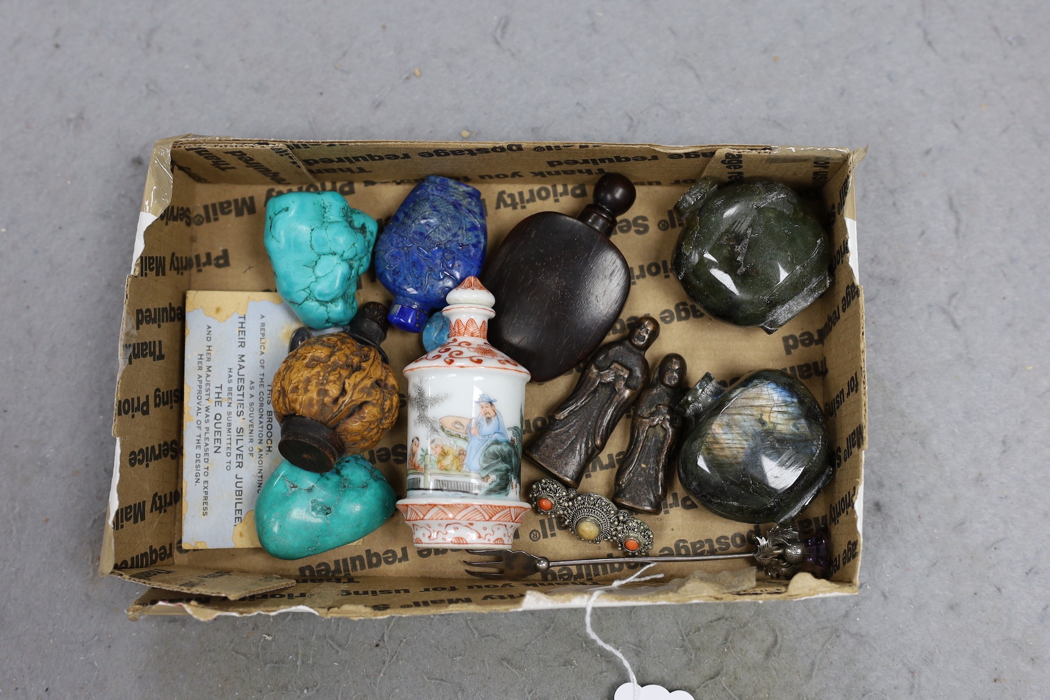 A collection of Chinese hardstone, wood or porcelain snuff bottles etc